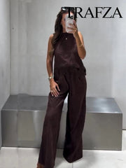 TRAFZA 2025 Women Trouser Suit Casual Embroidered Round Neck Sleeveless Slim Top+Elastic Waist Drawstring Loose Long Pants Elite Boutique
