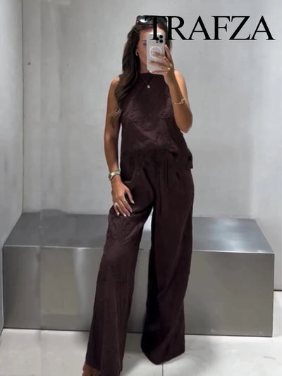 TRAFZA 2025 Women Trouser Suit Casual Embroidered Round Neck Sleeveless Slim Top+Elastic Waist Drawstring Loose Long Pants Elite Boutique