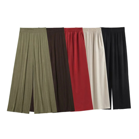 TRAF Pants for Women Fashion Spring Autumn New Solid Color Folded Chic Female Elastic High Waist Wide Leg Trousers Mujer Elite Boutique