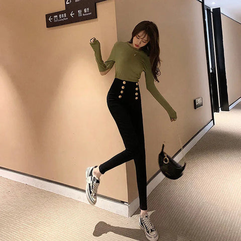 Fashion women's trousers Spring autumn new high-elastic double-breasted tight-fitting high-waisted slimming pants Women's pants Elite Boutique