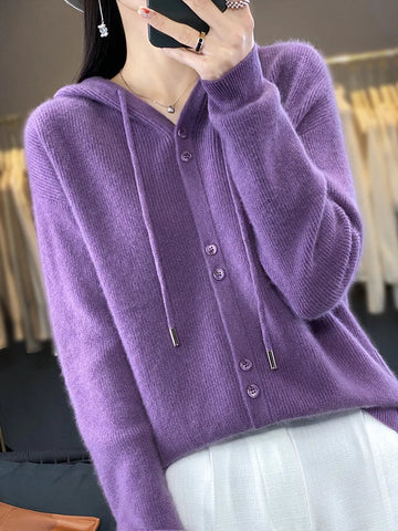 Hoodie Women's Merino Woolen Sweater Fashion Button Casual Loose Hoodie Knitted Sweater Elite Boutique