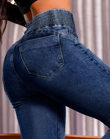 Sexy Elegant New Fashion 2024 Casual Female Trouser Bottom Back Shirred Button Front High Waist Jeans Elite Boutique