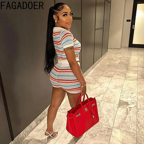 FAGADOER Summer Knitted Two Piece Sets Women Outfits Lapel Collar Buttons Crop Top + Shorts Y2k Sweethot Street Matching Sets Elite Boutique