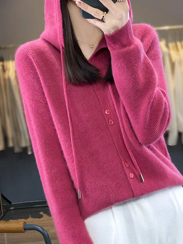 Hoodie Women's Merino Woolen Sweater Fashion Button Casual Loose Hoodie Knitted Sweater Elite Boutique