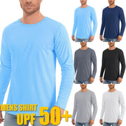 UPF50+ Men's Sunscreen UV Protection T-shirt Solid Color Long-sleeved Round Neck Outdoor Hiking Fishing Quick-drying Tops Elite Boutique