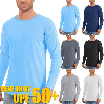 UPF50+ Men's Sunscreen UV Protection T-shirt Solid Color Long-sleeved Round Neck Outdoor Hiking Fishing Quick-drying Tops Elite Boutique