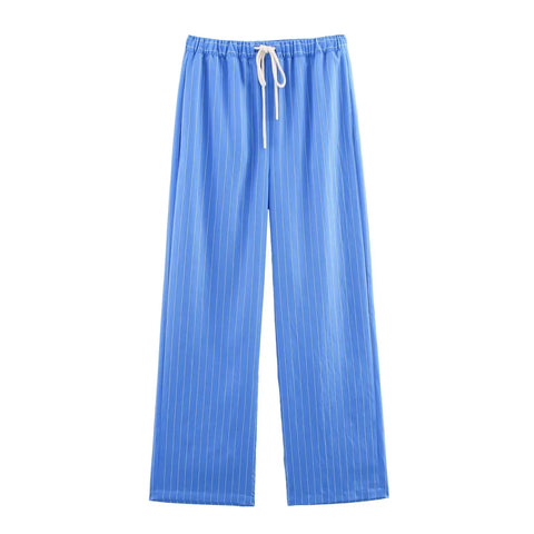 TRAFZA Women Striped Trouser Suit Turn-down Collar Long Sleeve Single-breasted Slim Shirt+High Waist Drawstring Loose Long Pants Elite Boutique