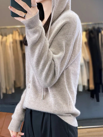 Hoodie Women's Merino Woolen Sweater Fashion Button Casual Loose Hoodie Knitted Sweater Elite Boutique