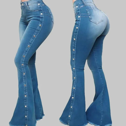 Women’s High Waisted Denim Flare Pants with Stretch. Elite Boutique