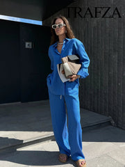 TRAFZA Women Striped Trouser Suit Turn-down Collar Long Sleeve Single-breasted Slim Shirt+High Waist Drawstring Loose Long Pants Elite Boutique