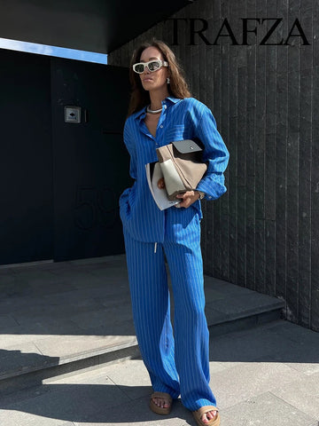 TRAFZA Women Striped Trouser Suit Turn-down Collar Long Sleeve Single-breasted Slim Shirt+High Waist Drawstring Loose Long Pants Elite Boutique