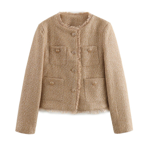 Chic Female Tweed Basic Jacket Coat Women Clothing Woolen Outerwear Long Sleeve Front Button Female Outerwear Chic Tops Elite Boutique