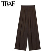 TRAF Pants for Women Fashion Spring Autumn New Solid Color Folded Chic Female Elastic High Waist Wide Leg Trousers Mujer Elite Boutique