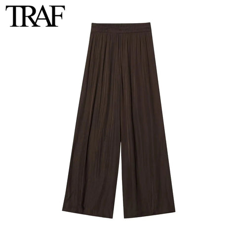TRAF Pants for Women Fashion Spring Autumn New Solid Color Folded Chic Female Elastic High Waist Wide Leg Trousers Mujer Elite Boutique