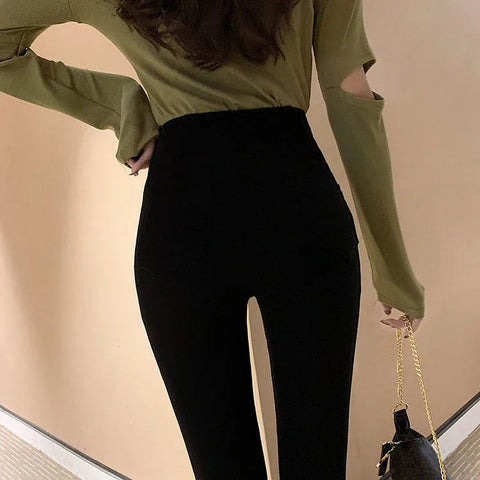 Fashion women's trousers Spring autumn new high-elastic double-breasted tight-fitting high-waisted slimming pants Women's pants Elite Boutique