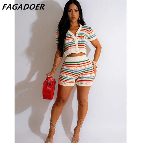 FAGADOER Summer Knitted Two Piece Sets Women Outfits Lapel Collar Buttons Crop Top + Shorts Y2k Sweethot Street Matching Sets Elite Boutique