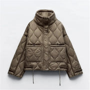 Quilted coat for women ETJ 2024traf QUILTED JACKET WITH TIES new beige drawstring high neck pocket clip cotton jacket for women Elite Boutique