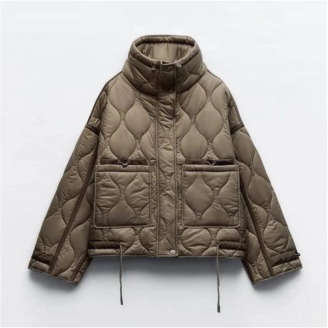 Quilted coat for women ETJ 2024traf QUILTED JACKET WITH TIES new beige drawstring high neck pocket clip cotton jacket for women Elite Boutique