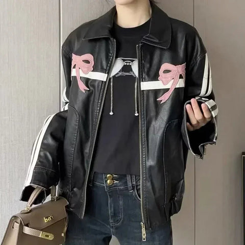 Women's Winter Jacket Women Vintage Faux Leather Coat Fashion Pu Lapel Collar Bow Zipper Overcoat Female Casual Tops Clothing Elite Boutique