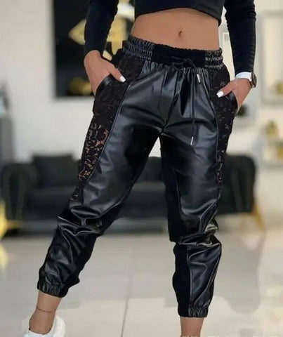 Women's Trousers Casual 2025 Spring Fashion Contrast Pu Lace Insert Drawstring High Waist Patchwork Cuffed Pencil Pants Elite Boutique