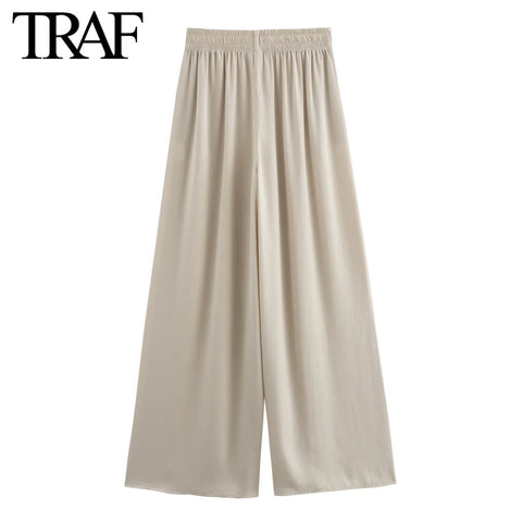 TRAF Pants for Women Fashion Spring Autumn New Solid Color Folded Chic Female Elastic High Waist Wide Leg Trousers Mujer Elite Boutique