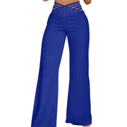 Women Hollow Belt Trousers Fashion Temperament Commuting Flared Trousers Daily Classic Solid Causal High Waist Wide Leg Pants Elite Boutique
