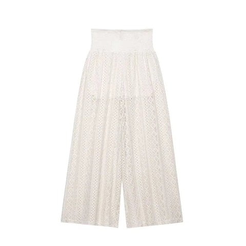 TRAF Women Lace Trousers Embroidery Hollow Out Simple Women's Pants Elastic Waist Loose Pants Female Wide Leg Pants Elite Boutique