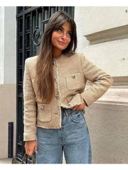Chic Female Tweed Basic Jacket Coat Women Clothing Woolen Outerwear Long Sleeve Front Button Female Outerwear Chic Tops Elite Boutique