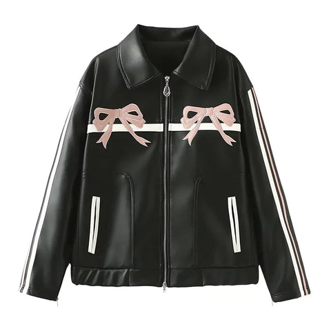 Women's Winter Jacket Women Vintage Faux Leather Coat Fashion Pu Lapel Collar Bow Zipper Overcoat Female Casual Tops Clothing Elite Boutique
