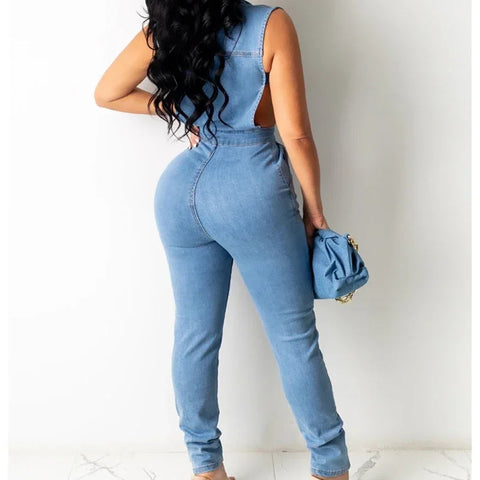zomight 2023 New  Sexy Slim Sleeveless Light Blue Jeans Jumpsuit Denim Playsuit Women Elegance Woman Ladies Overalls Jump Suits Elite Boutique