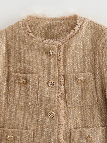 Chic Female Tweed Basic Jacket Coat Women Clothing Woolen Outerwear Long Sleeve Front Button Female Outerwear Chic Tops Elite Boutique