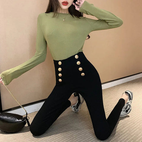 Fashion women's trousers Spring autumn new high-elastic double-breasted tight-fitting high-waisted slimming pants Women's pants Elite Boutique