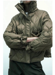 Quilted coat for women ETJ 2024traf QUILTED JACKET WITH TIES new beige drawstring high neck pocket clip cotton jacket for women Elite Boutique