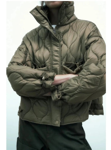 Quilted coat for women ETJ 2024traf QUILTED JACKET WITH TIES new beige drawstring high neck pocket clip cotton jacket for women Elite Boutique