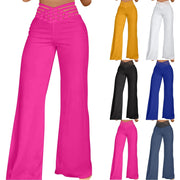 Women Hollow Belt Trousers Fashion Temperament Commuting Flared Trousers Daily Classic Solid Causal High Waist Wide Leg Pants Elite Boutique