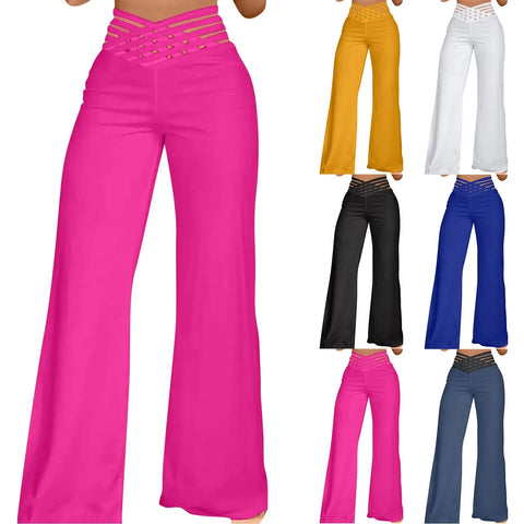 Women Hollow Belt Trousers Fashion Temperament Commuting Flared Trousers Daily Classic Solid Causal High Waist Wide Leg Pants Elite Boutique