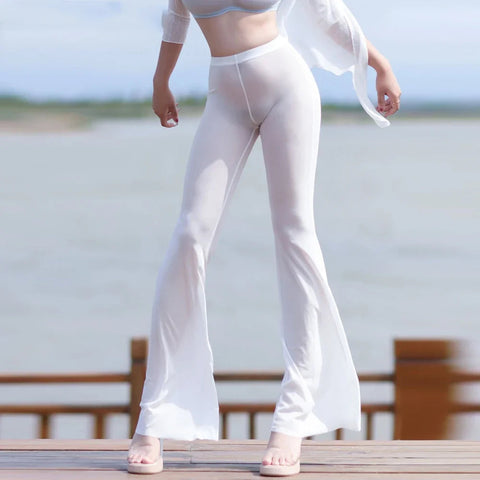 Women's Trousers Solid Color Sexy Capris Summer Outdoor Streetwear Flared Casual Pants Ultra-thin Mesh Sheer See Through Pants Elite Boutique