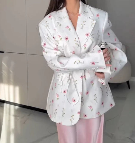 Women's Jacket 2025 Summer Latest Casual Elegant Sexy Casual New Fashion Printed Loose Suit Collar Strap Waist Suit Jacket Elite Boutique