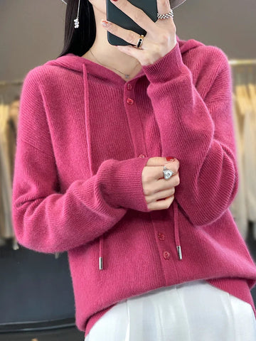 Hoodie Women's Merino Woolen Sweater Fashion Button Casual Loose Hoodie Knitted Sweater Elite Boutique