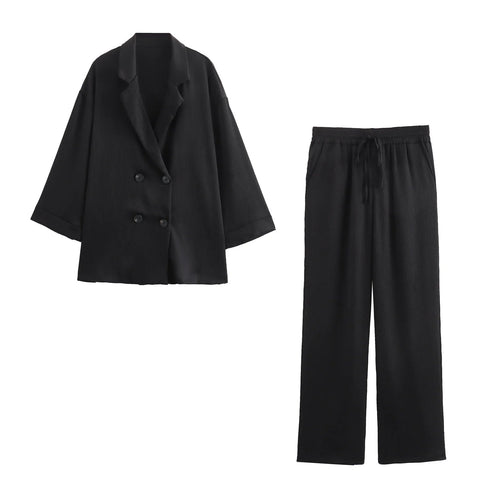 2024 Autumn Women Casual Blazer Coat Pants Set Long Sleeve Double Breasted Blazer + Wide Leg Trousers Lady Office Outfit Elite Boutique