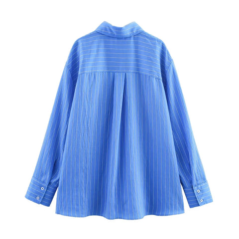 TRAFZA Women Striped Trouser Suit Turn-down Collar Long Sleeve Single-breasted Slim Shirt+High Waist Drawstring Loose Long Pants Elite Boutique