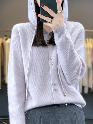 Hoodie Women's Merino Woolen Sweater Fashion Button Casual Loose Hoodie Knitted Sweater Elite Boutique