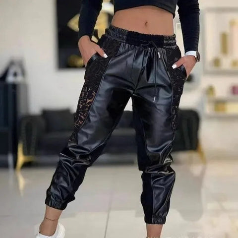 Women's Trousers Casual 2025 Spring Fashion Contrast Pu Lace Insert Drawstring High Waist Patchwork Cuffed Pencil Pants Elite Boutique
