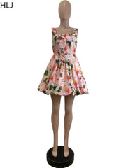 HLJ Fashion Flower Print Long Dress Women Spaghetti Strap Backless Bubble Puff Dresses Female Streetwear Vestidos Summer New Elite Boutique