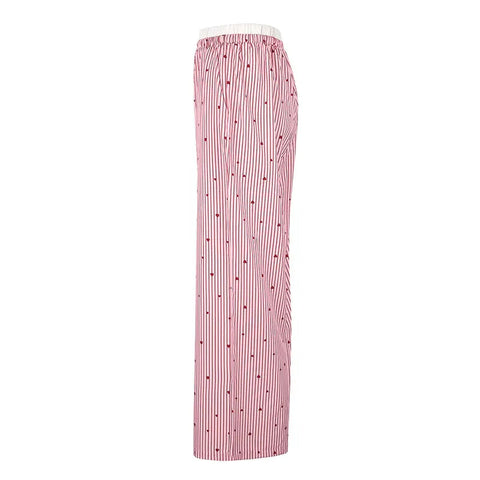 Women's Trousers Summer New Streetwear Fashion Striped Print Love Lace-up Casual Slim Trousers Pink Sexy Sweet Female Clothing Elite Boutique
