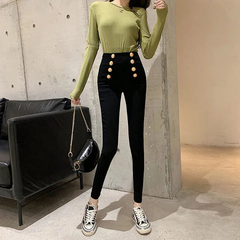 Fashion women's trousers Spring autumn new high-elastic double-breasted tight-fitting high-waisted slimming pants Women's pants Elite Boutique