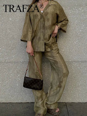 TRAFZA 2024 New Woman Trouser Set Jacquard Long Sleeves Shirt Top + Casual Chic Elegant Women's Wide Leg Long Pant Streetwear Elite Boutique
