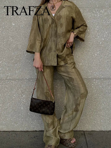TRAFZA 2024 New Woman Trouser Set Jacquard Long Sleeves Shirt Top + Casual Chic Elegant Women's Wide Leg Long Pant Streetwear Elite Boutique