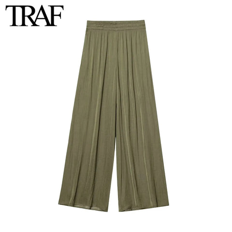TRAF Pants for Women Fashion Spring Autumn New Solid Color Folded Chic Female Elastic High Waist Wide Leg Trousers Mujer Elite Boutique