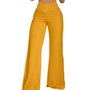 Women Hollow Belt Trousers Fashion Temperament Commuting Flared Trousers Daily Classic Solid Causal High Waist Wide Leg Pants Elite Boutique